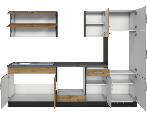 Cuisine équipée avec évier, tiroirs et placards