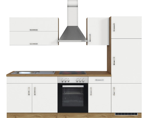 Cuisine équipée avec évier, cuisinière, four, hotte aspirante et armoires en blanc et aspect bois