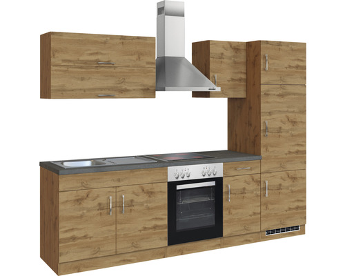 Cuisine complète avec évier, plaque de cuisson, four, hotte et armoires aspect bois.