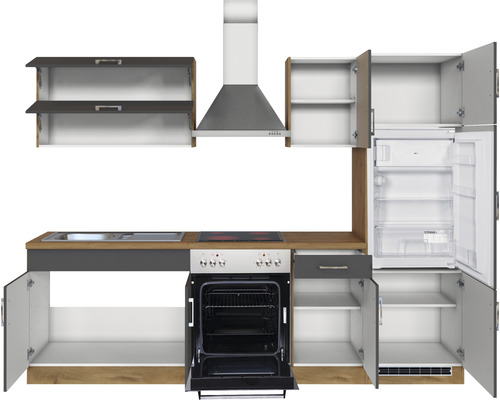 Cuisine équipée avec éléments hauts, évier, cuisinière, four et réfrigérateur
