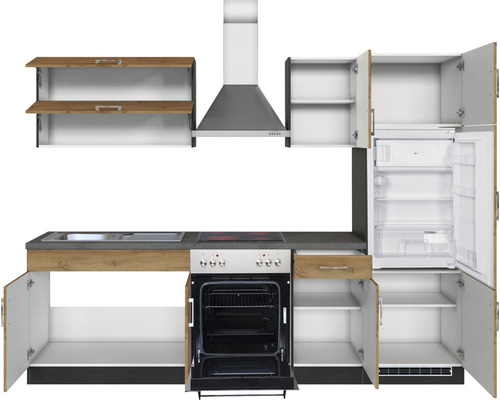 Cuisine équipée avec évier, cuisinière, hotte et réfrigérateur