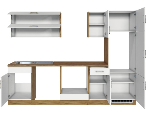 Küchenzeile mit Spüle, Schublade und Schränken