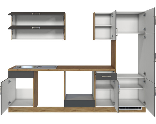 Cuisine linéaire avec évier, éléments hauts et éléments bas