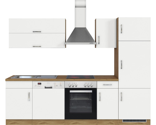 Cuisine équipée avec évier, lave-vaisselle, cuisinière, four, hotte et armoires