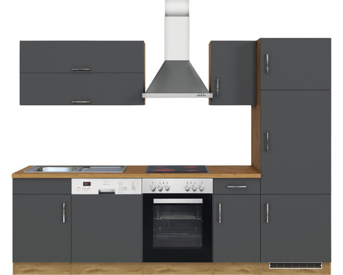 Cuisine équipée avec évier, lave-vaisselle, cuisinière, four, hotte aspirante et armoires