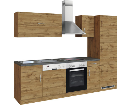 Cuisine complète avec évier, lave-vaisselle, cuisinière, hotte aspirante et éléments hauts