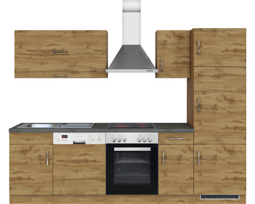 Cuisine intégrée complète avec évier, lave-vaisselle, cuisinière, hotte aspirante et armoires au design bois