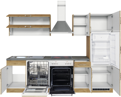 Cuisine complète avec évier, lave-vaisselle, cuisinière, hotte aspirante et réfrigérateur