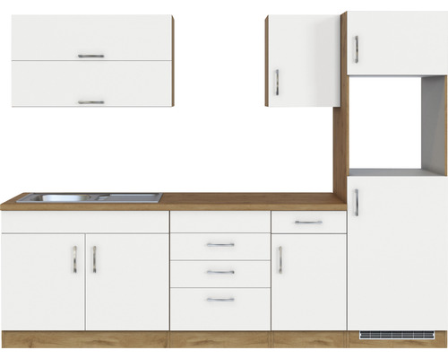 Küchenzeile mit Spüle, Schränken und Schubladen in Holz- und Weissoptik.