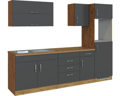 Cuisine moderne avec évier, meubles bas et meubles hauts en aspect bois et tons de gris.