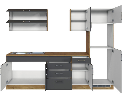 Cuisine linéaire avec évier, armoires et tiroirs au look moderne