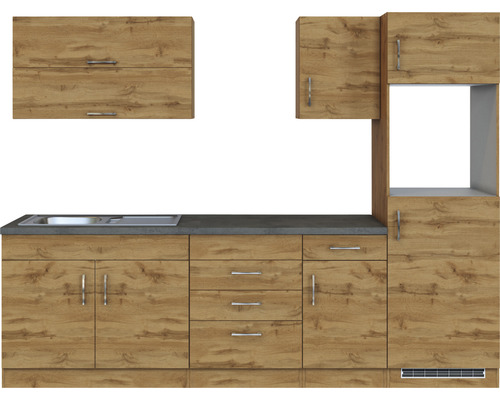 Küchenzeile mit Spüle und Ober- und Unterschränken im Holzdesign