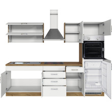 Cuisine complète avec évier, plaque de cuisson, four, hotte, réfrigérateur et armoires