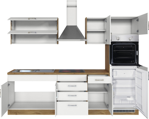 Cuisine complète avec évier, plaque de cuisson, four, hotte, réfrigérateur et armoires