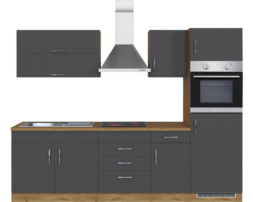 Cuisine moderne avec évier, plaque de cuisson, hotte et four.