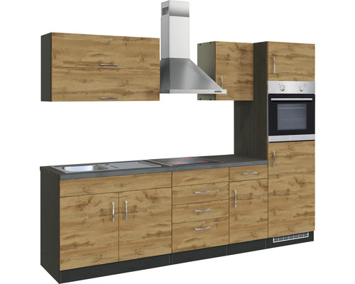 Cuisine complète avec évier, plaque de cuisson, hotte aspirante et four aspect bois