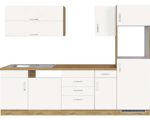 Cuisine équipée avec évier, armoires et tiroirs