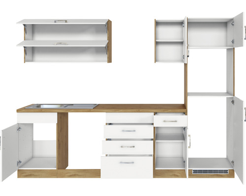 Cuisine équipée avec évier, tiroirs et placards