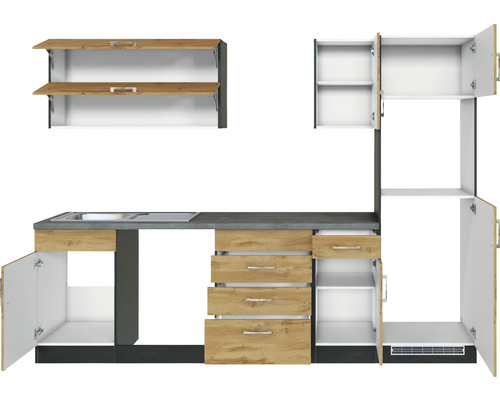 Cuisine équipée avec évier, tiroirs et armoires