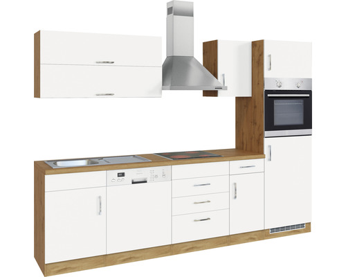 Cuisine complète avec évier, lave-vaisselle, plaque de cuisson, hotte et four en blanc et aspect bois