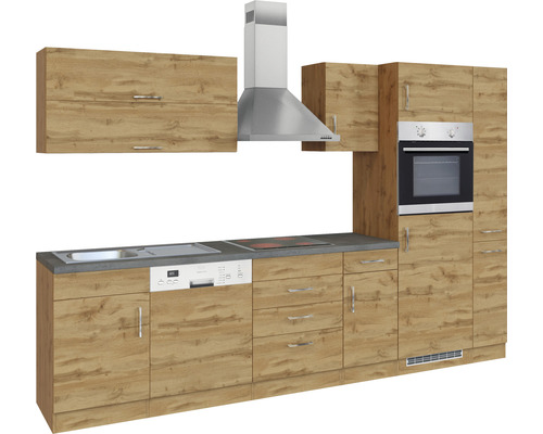 Cuisine complète avec évier, lave-vaisselle, plaque de cuisson, hotte aspirante et four