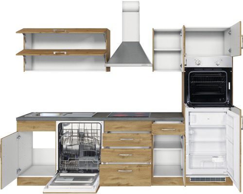 Cuisine complète avec évier, lave-vaisselle, cuisinière, four, réfrigérateur et hotte aspirante.