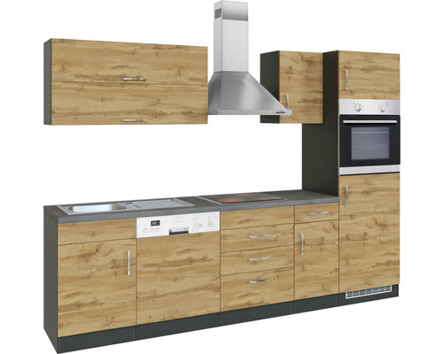 Cuisine complète avec évier, lave-vaisselle, cuisinière, four et hotte.