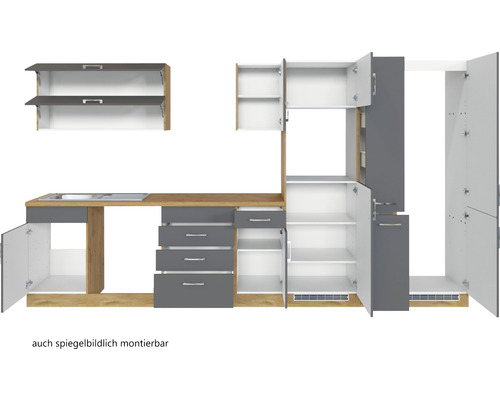 Cuisine linéaire avec évier, armoires et tiroirs