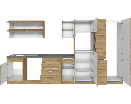 Cuisine linéaire avec évier, armoires et tiroirs