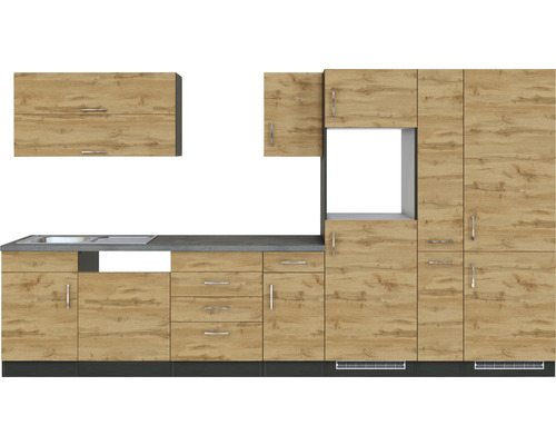 Cuisine équipée avec évier, armoires et tiroirs