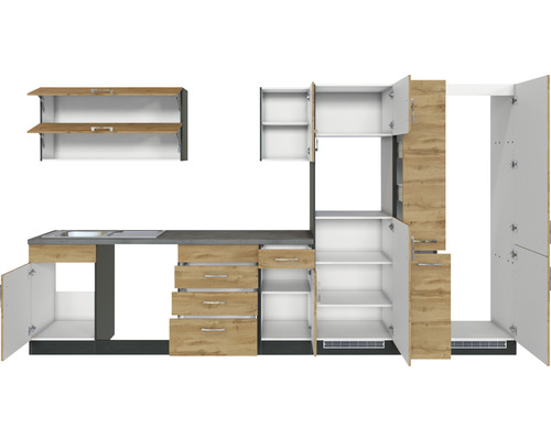 Cuisine équipée avec évier, tiroirs et placards ouverts