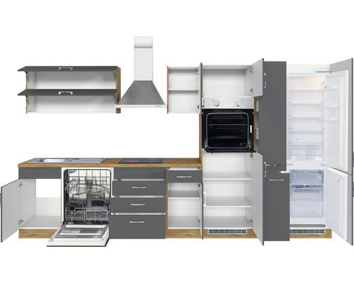 Cuisine complète avec lave-vaisselle, réfrigérateur, cuisinière, hotte et évier