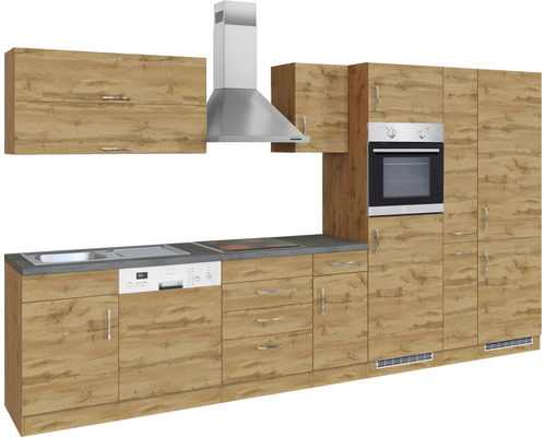 Cuisine complète avec évier, lave-vaisselle, cuisinière, four, hotte et armoires