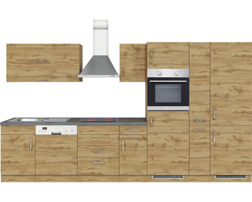 Cuisine équipée avec évier, lave-vaisselle, plaque de cuisson, hotte et four