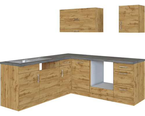 Cuisine équipée avec évier, meubles bas et meubles hauts