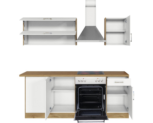 Cuisine équipée avec meuble sous-évier, meubles hauts, hotte aspirante et cuisinière électrique