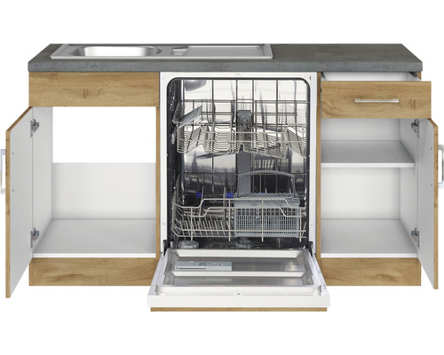 Cuisine équipée avec évier, lave-vaisselle et armoires