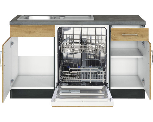 Cuisine équipée avec évier, tiroir, lave-vaisselle et placards