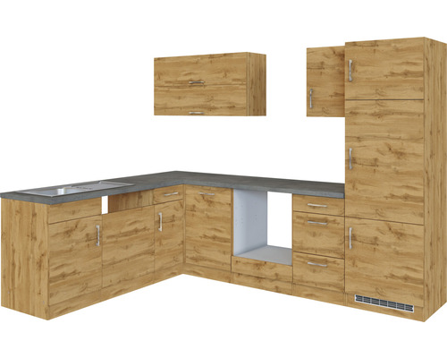 Cuisine équipée avec éléments hauts et bas et plan de travail