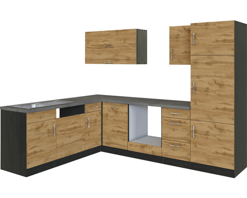 Cuisine intégrée avec évier, meubles bas et meubles hauts aspect bois