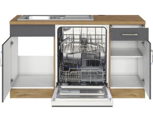 Spülbeckenunterschrank mit Geschirrspüler und offenen Schrankfächern