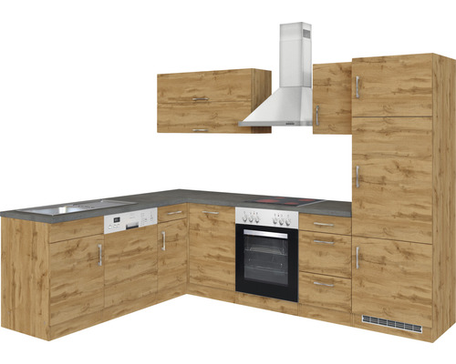 Cuisine intégrée complète avec meubles hauts et bas, hotte aspirante, évier, lave-vaisselle, plaque de cuisson et four.