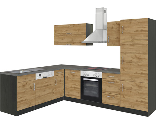 Cuisine moderne avec évier, lave-vaisselle, cuisinière, four, hotte et armoires suspendues