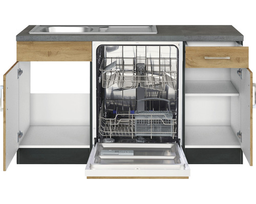 Cuisine linéaire avec évier, lave-vaisselle et armoires