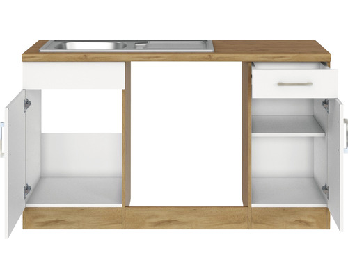 Cuisine équipée avec évier, tiroir et compartiments de rangement