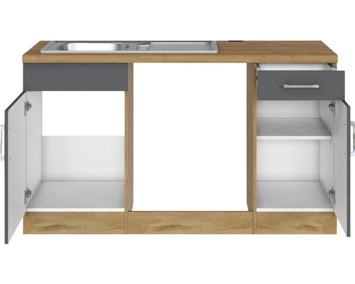 Évier de cuisine avec meuble bas, tiroir et portes ouvertes pour le rangement