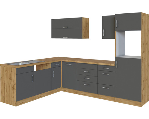 Cuisine d''angle moderne avec plan de travail aspect bois et façades d''armoires grises.