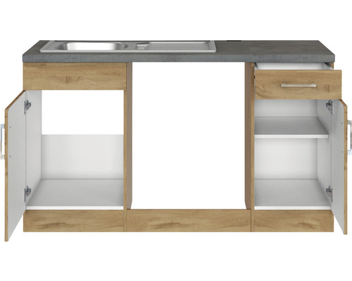 Évier de cuisine avec plan de travail et meuble bas ouvert