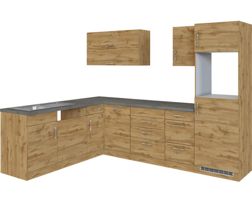 Cuisine complète avec évier, armoires basses, tiroirs et armoires murales au design bois