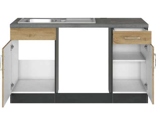 Cuisine équipée avec évier, tiroirs et compartiments de placard